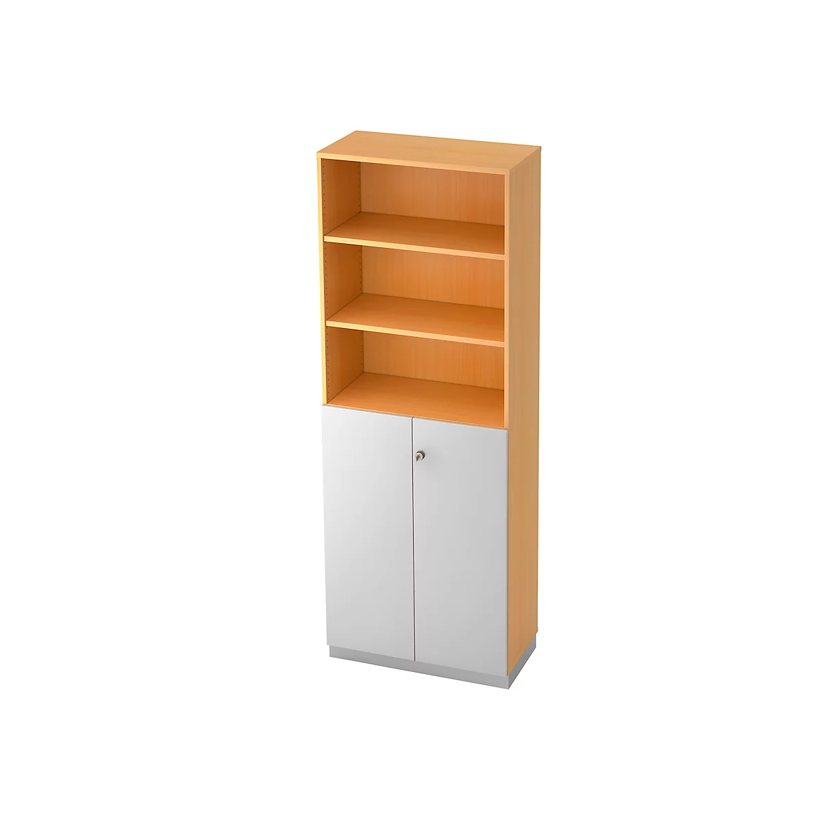 Combi-boekenkast, 6 OH, 3 open vakken + 2 afsluitbare deuren, B 800 x D 420 x 2210 mm, beukendecor/zilver