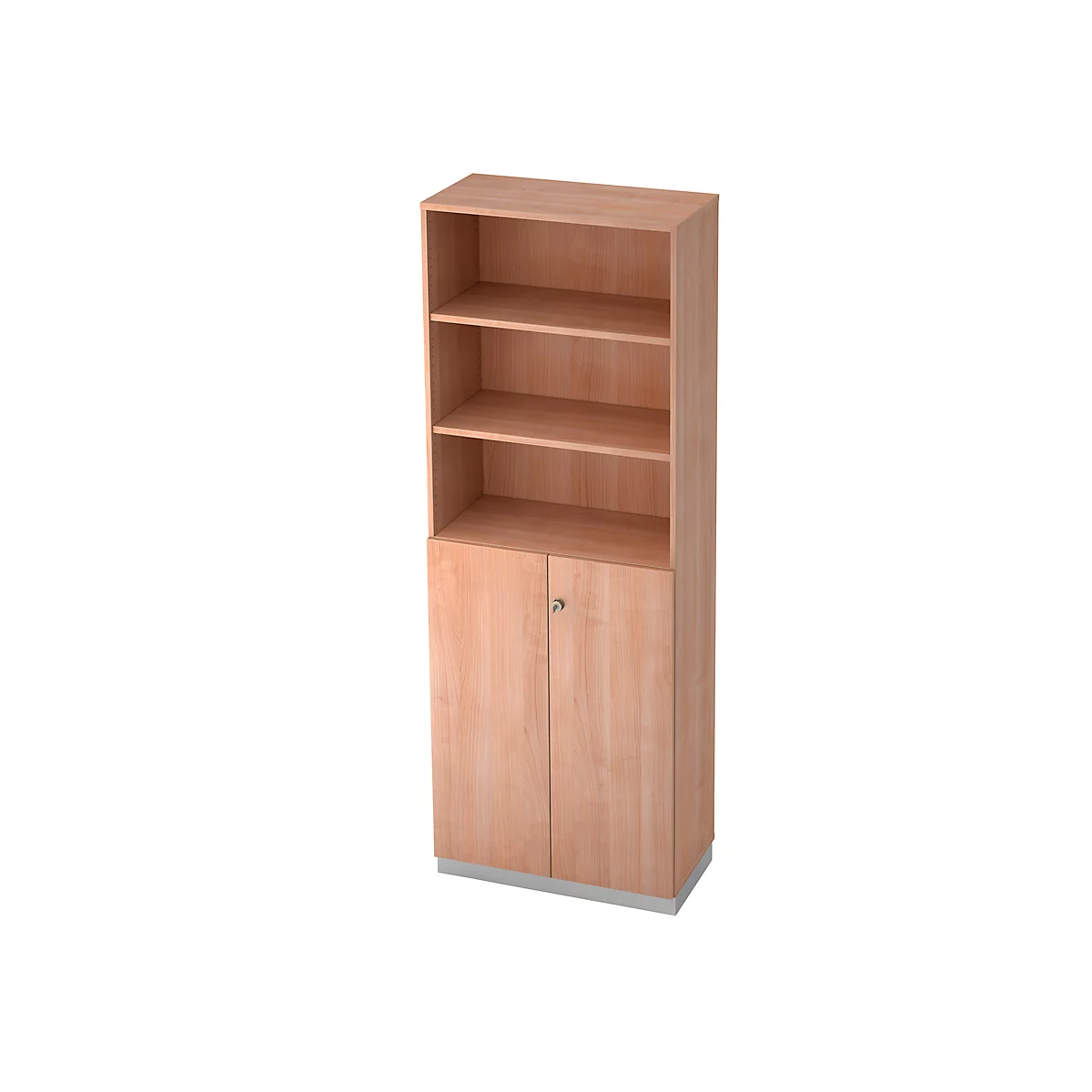 Combi-boekenkast, 6 OH, 3 open vakken + 2 afsluitbare deuren, B 800 x D 420 x 2210 mm, notenhoutdecor