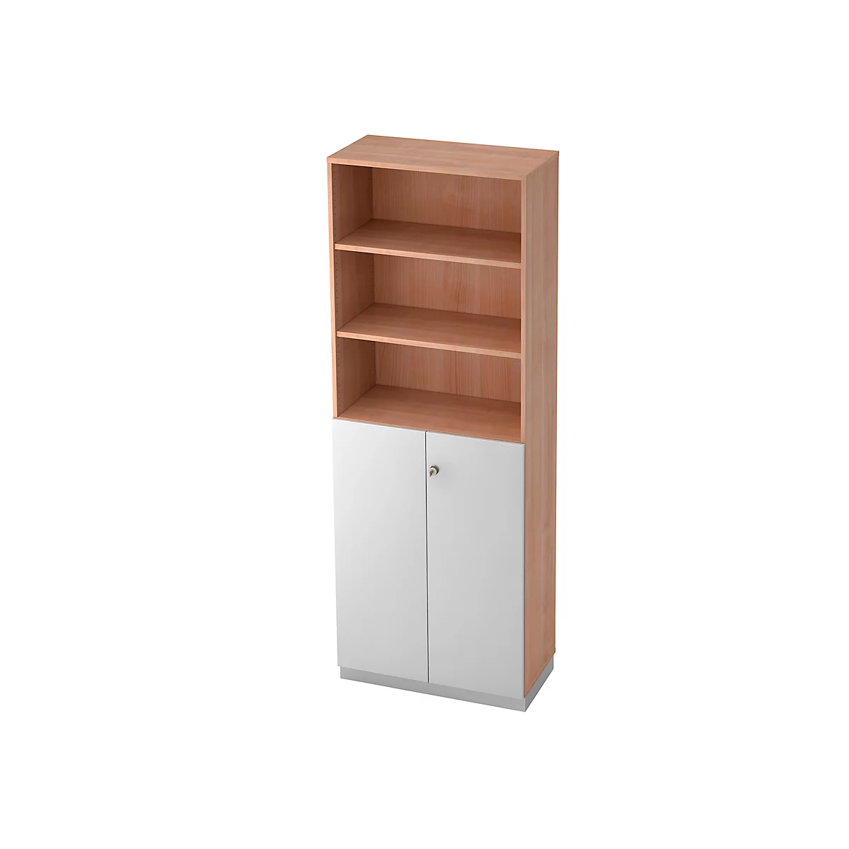 Combi-boekenkast, 6 OH, 3 open vakken + 2 afsluitbare deuren, B 800 x D 420 x 2210 mm, notenhoutdecor/zilver