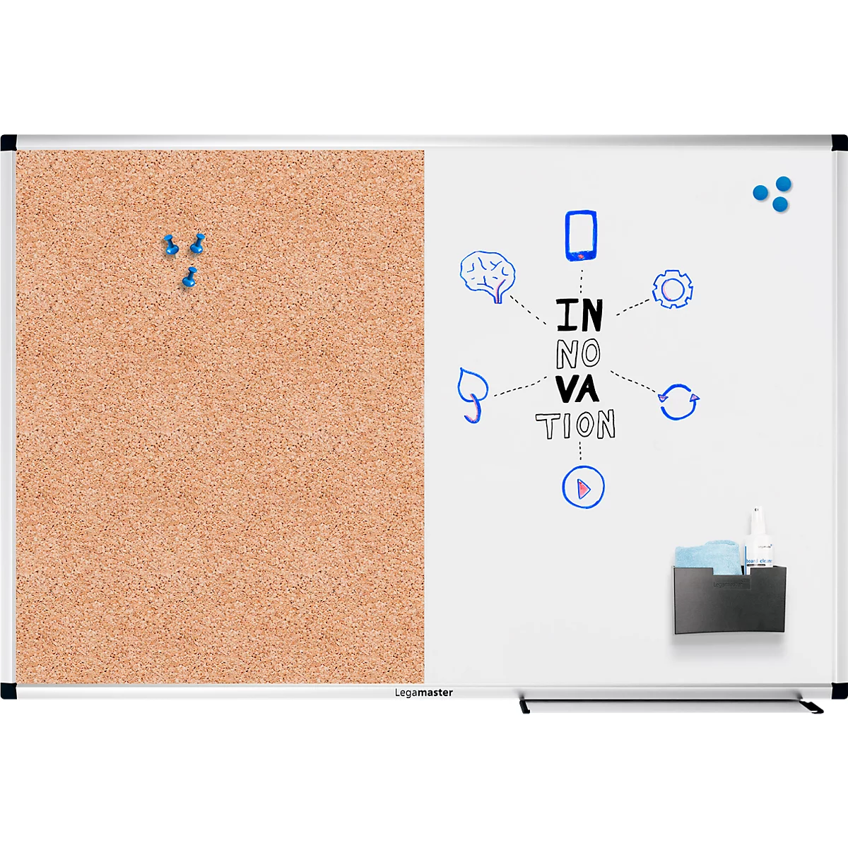Combibord Legamaster UNITE, prikbord &amp; whiteboard, B 900 x D 12,6 x H 600 mm, gelakt staal &amp; natuurkurk, wit &amp; bruin