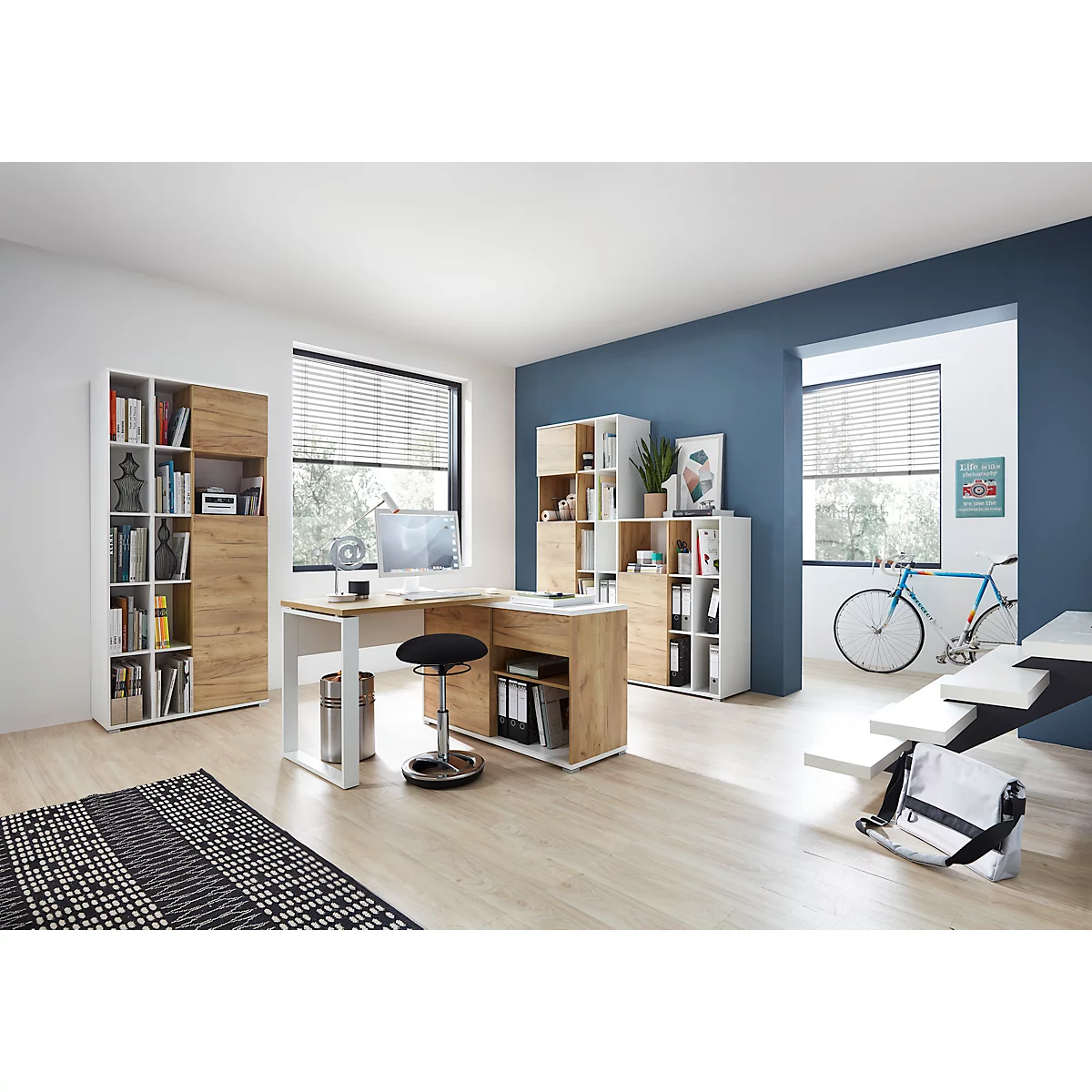 Combikast LIONI - van hout - B 850 x D 400 x H 1200 mm - wit en Navarra eik decor