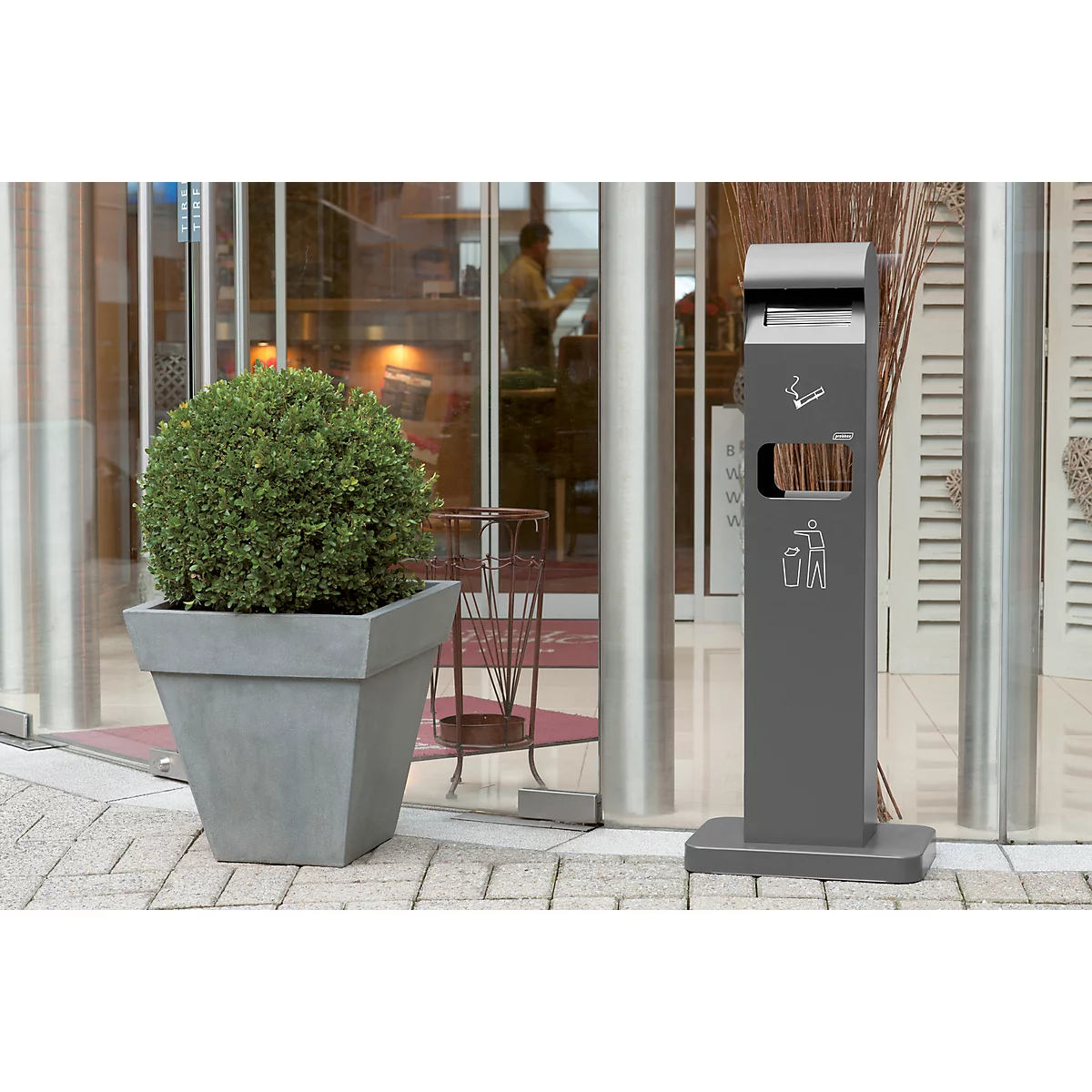 Combinaison cendrier sur pied/poubelle, 10 L, pour l'extérieur, revêtement anti-UV