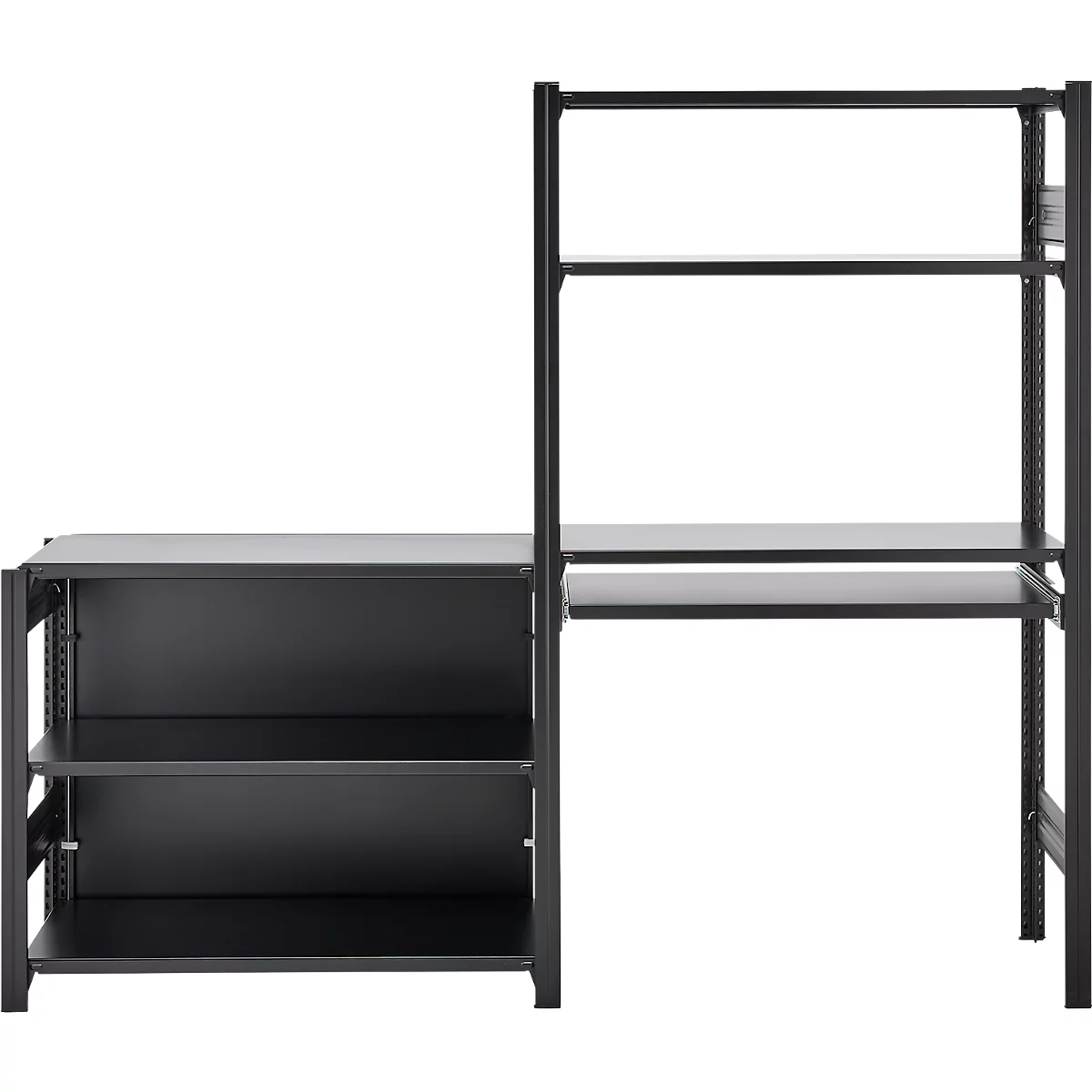 Bureau noir avec étagère. L'étagère a deux niveaux et est reliée au bureau.