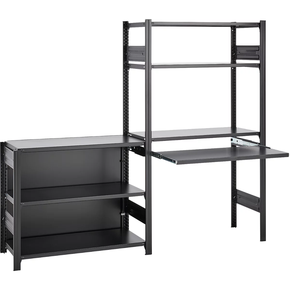 Étagère en métal foncé avec bureau intégré et tiroir coulissant. La construction est autoportante et offre plusieurs espaces de rangement.