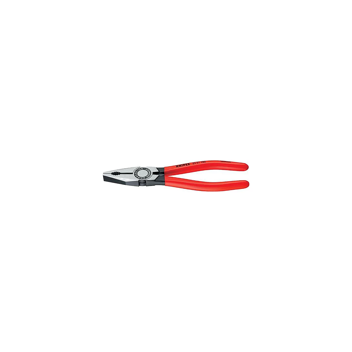 Knipex tang met rode handgrepen. De bek is van metaal, de handgreep van rood plastic.