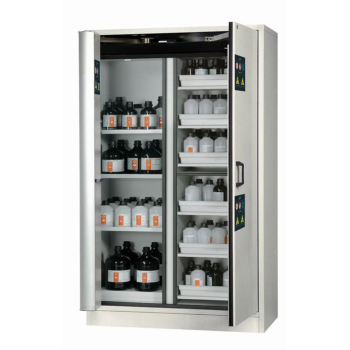 Combinatie veiligheidskast type 30 asecos K-PHOENIX-30, draaideuren en vouwdeuren met deurstopsysteem, voorzijde lichtgrijs, B 1202 x D 598 x H 1968 mm