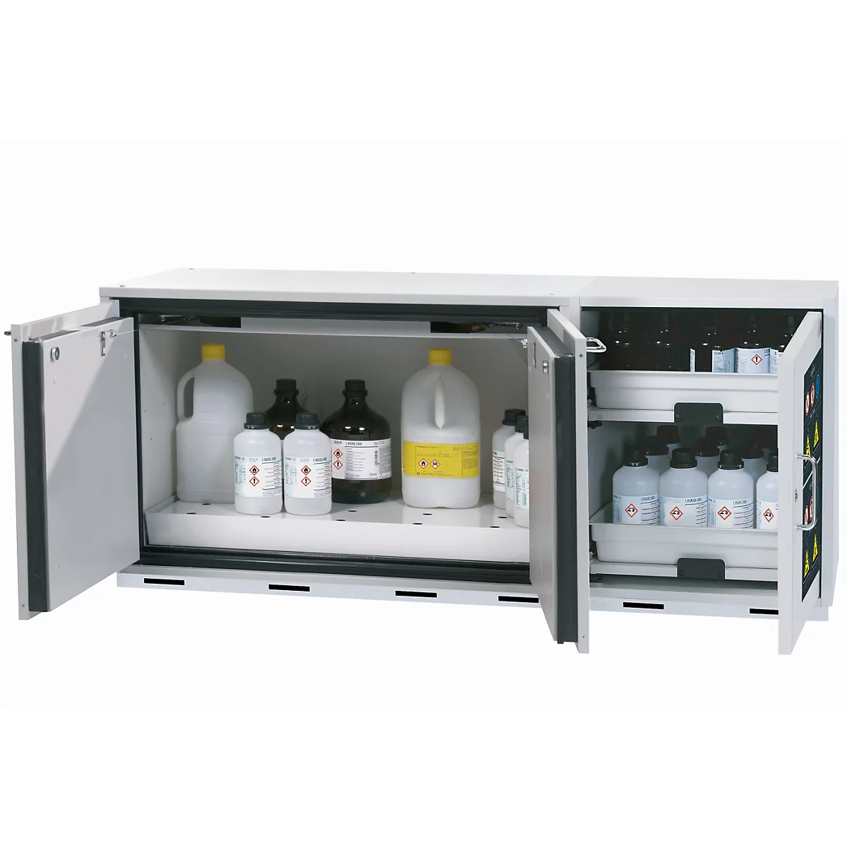 Combinatie veiligheidskast type 90 asecos K-UB-90, draaideuren, voorzijde lichtgrijs, B 1402 x D 502 x H 601 mm