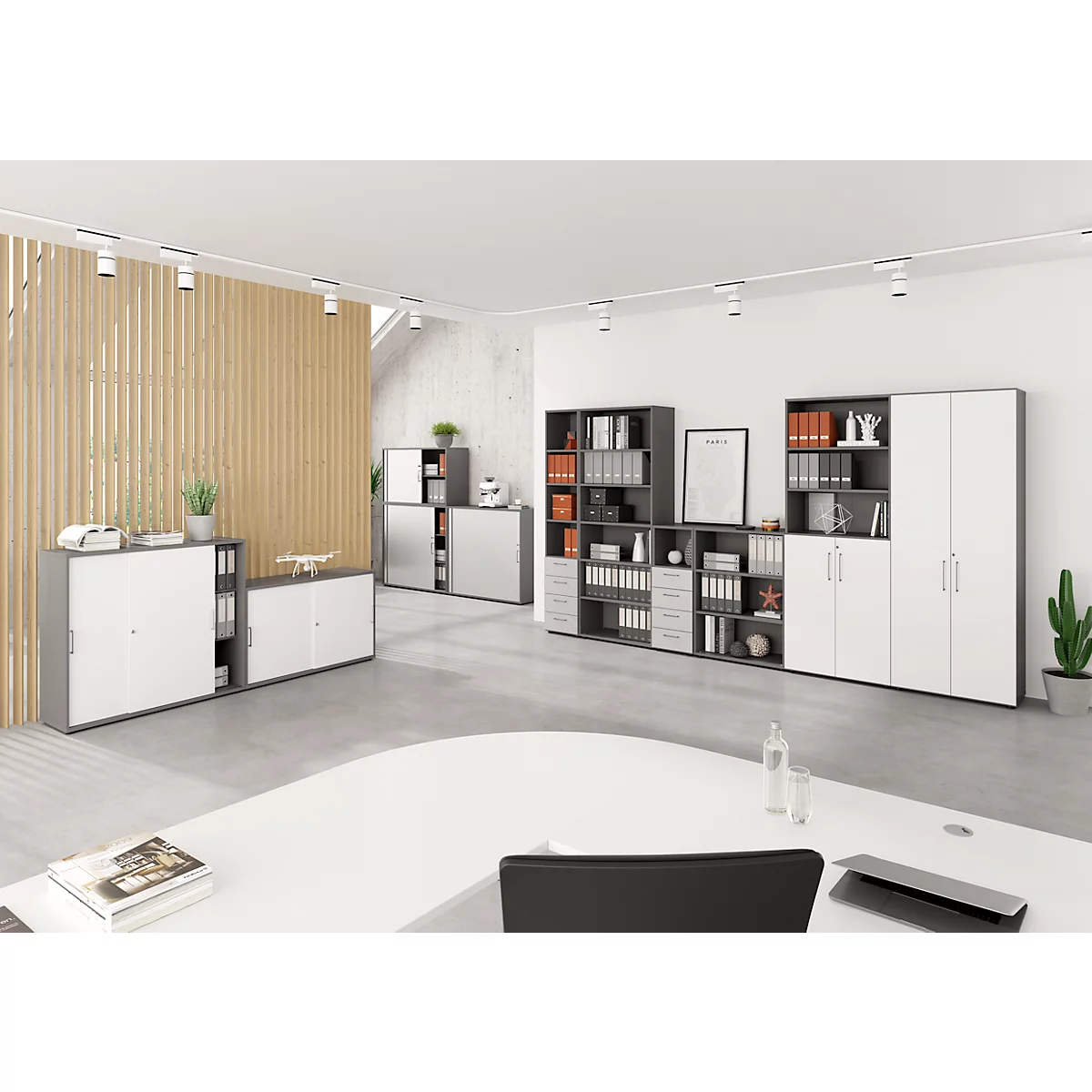 Combinatiekast Breno, 6OH, kast en legbord, afsluitbaar, B 800 x D 420 x H 2156 mm, spaanplaat, grafiet/wit