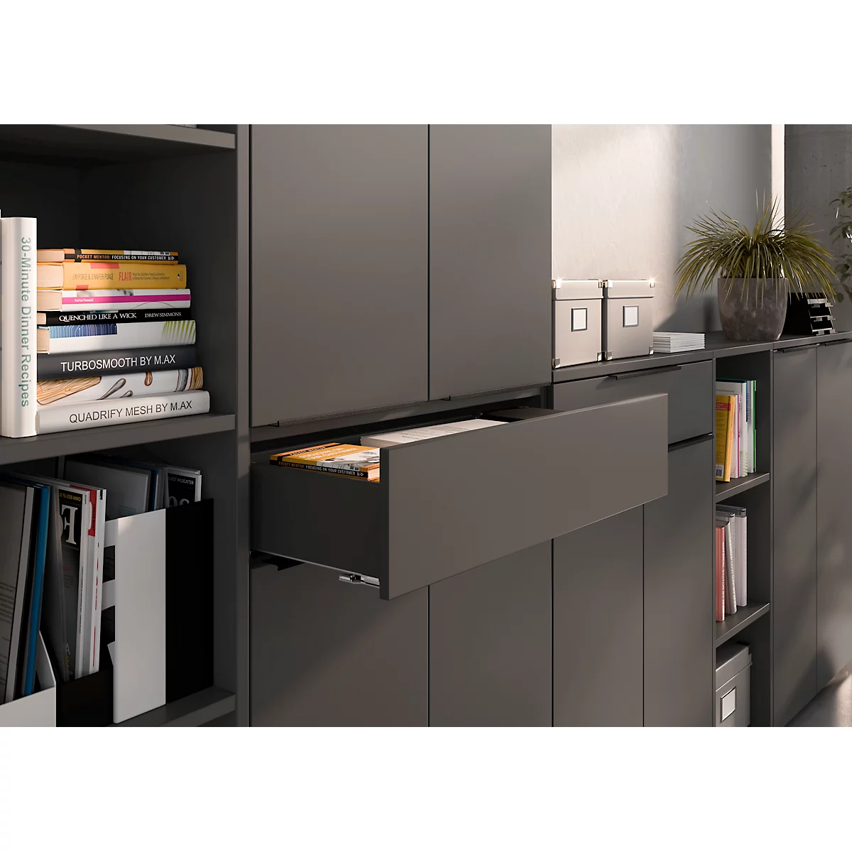 Combinatiekast Porto, 1 lade, 2 deuren en 2 legplanken, 2 OH, B 810 x D 400 x H 1200 mm, grafiet