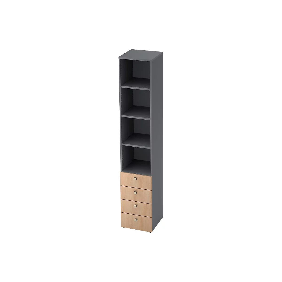 Combinatiekast TOPAS LINE, 6 dossierhoogtes, legborden + 4 laden, grafiet/eiken