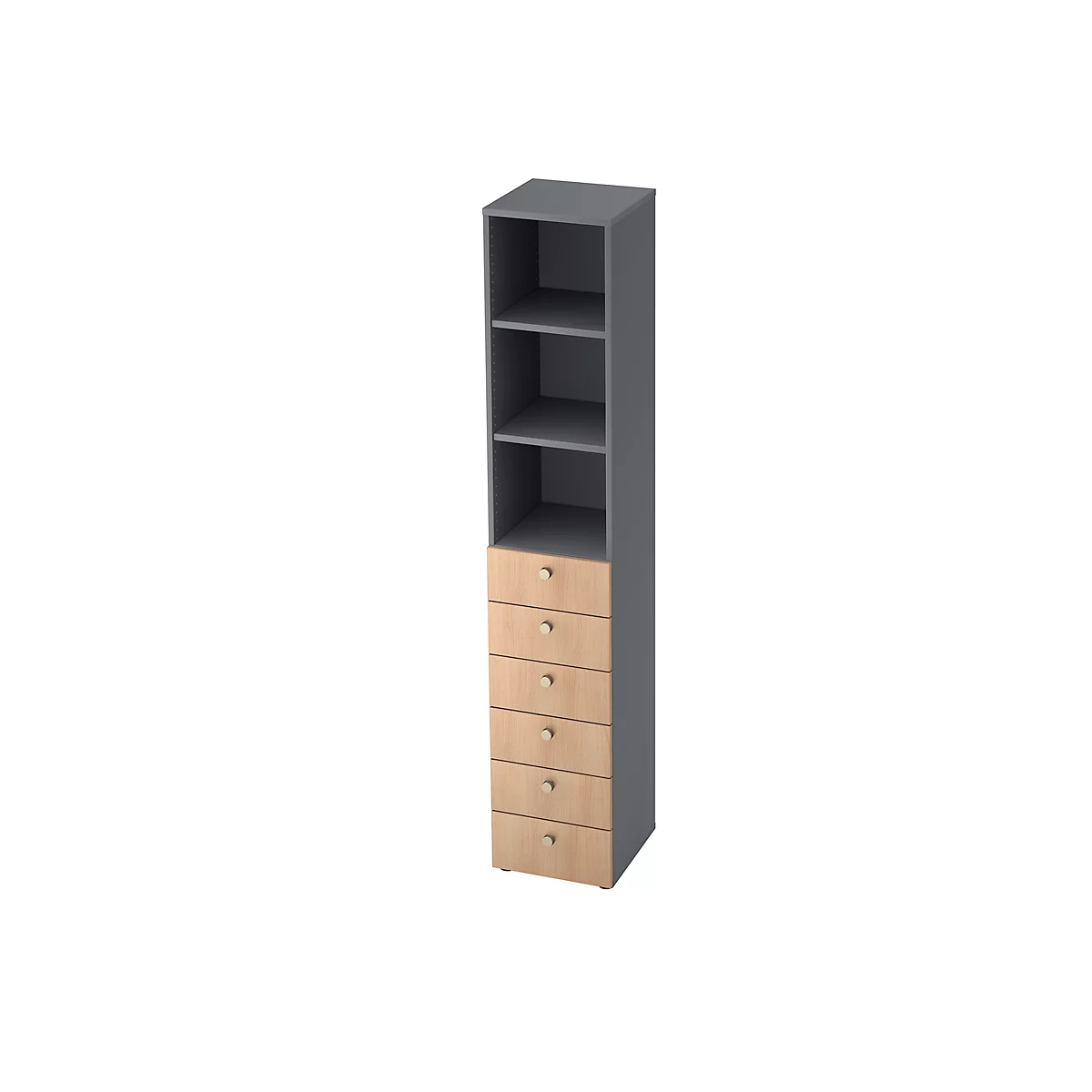 Combinatiekast TOPAS LINE, 6 dossierhoogtes, legborden + 6 laden, grafiet/eiken