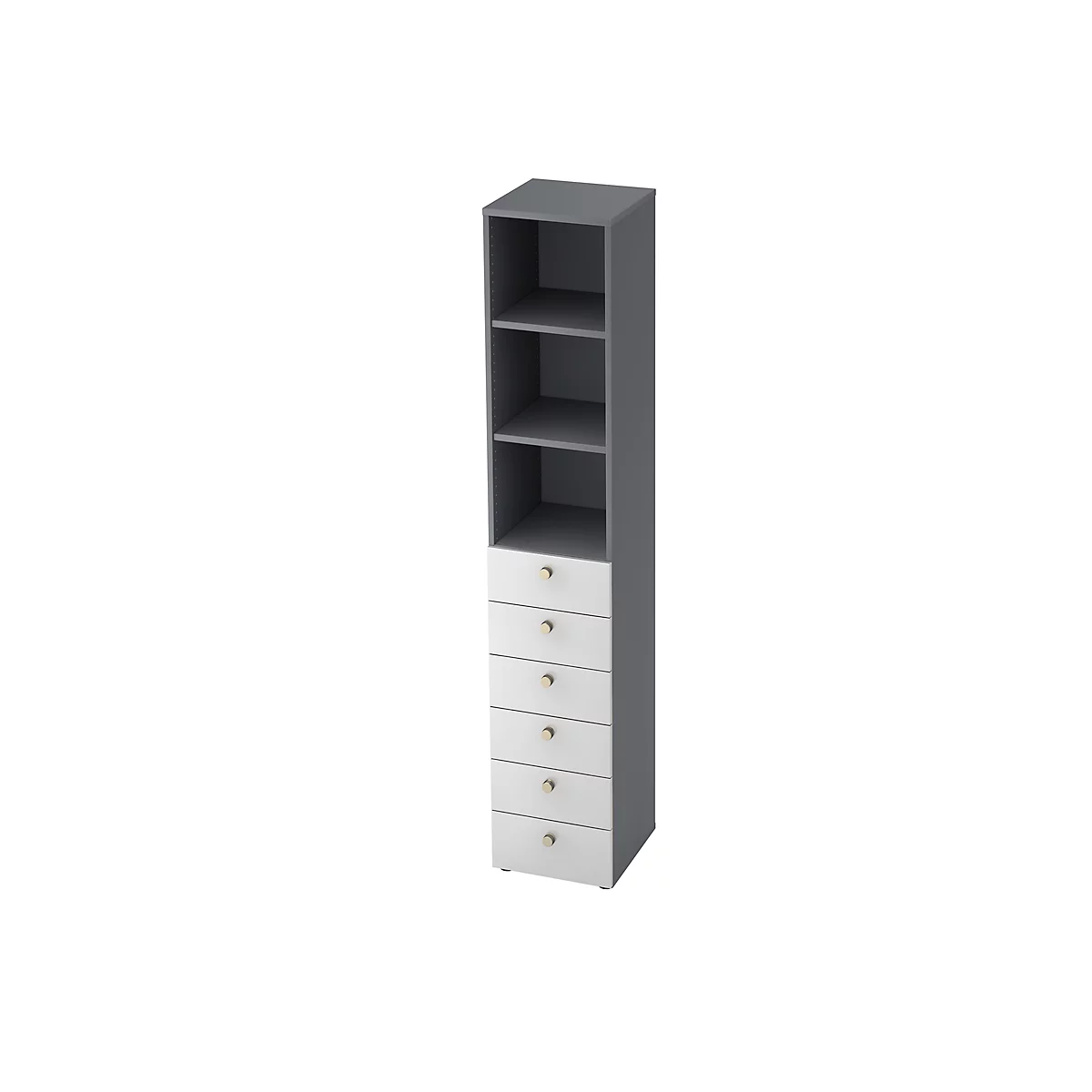 Combinatiekast TOPAS LINE, 6 dossierhoogtes, legborden + 6 laden, grafiet/wit