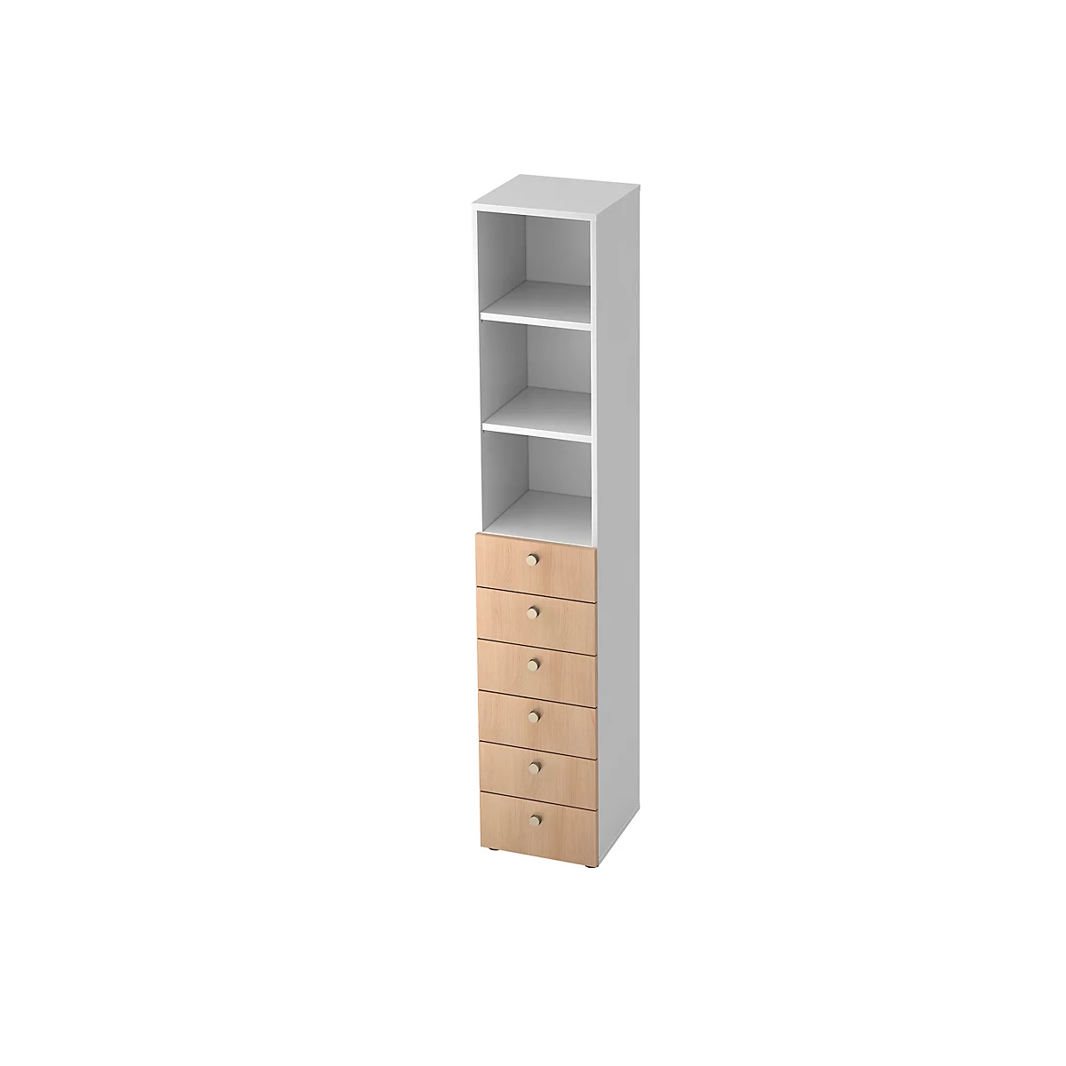 Combinatiekast TOPAS LINE, 6 dossierhoogtes, legborden + 6 laden, wit/eiken