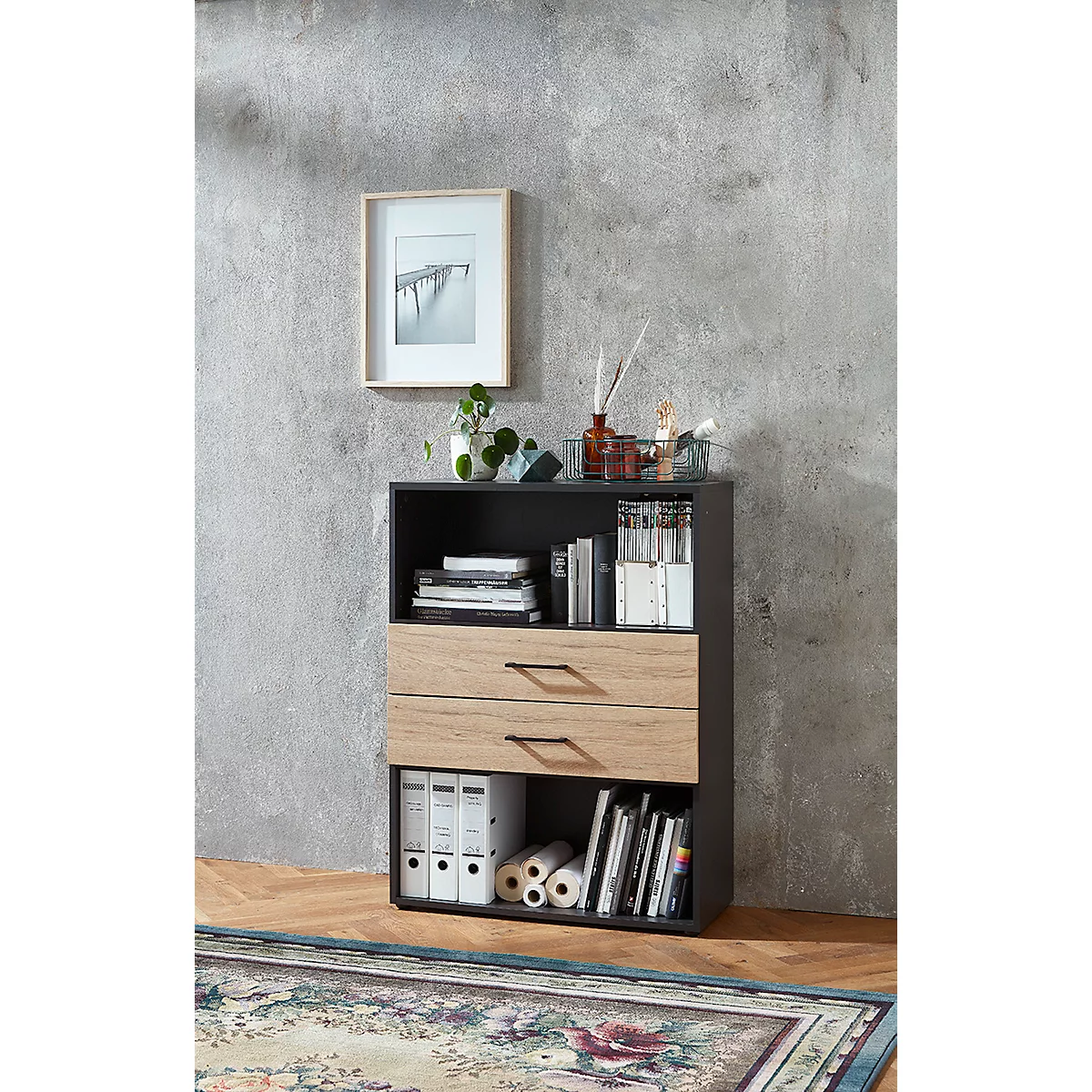Combinatierek met 2 laden TEMPIO - van hout - B 800 x D 340 x H 1070 mm - antraciet/hickory eiken