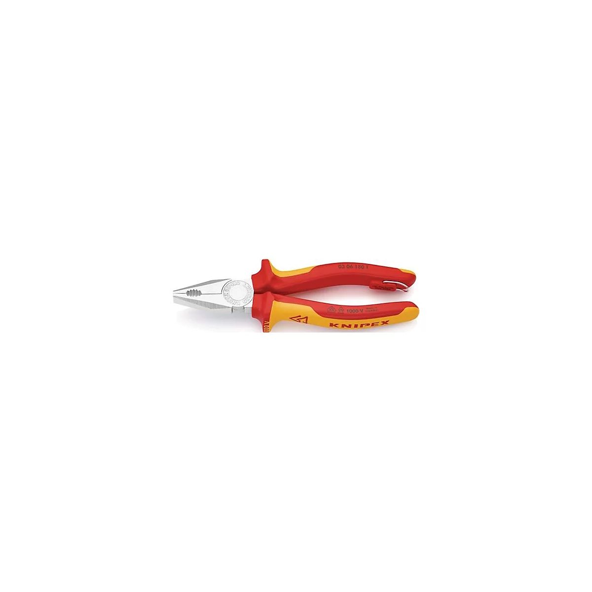 Tang met rood-gele handgrepen en zilveren bekken. 'KNIPEX' en de spanningswaarde '1000 V' zijn zichtbaar op de handgrepen.
