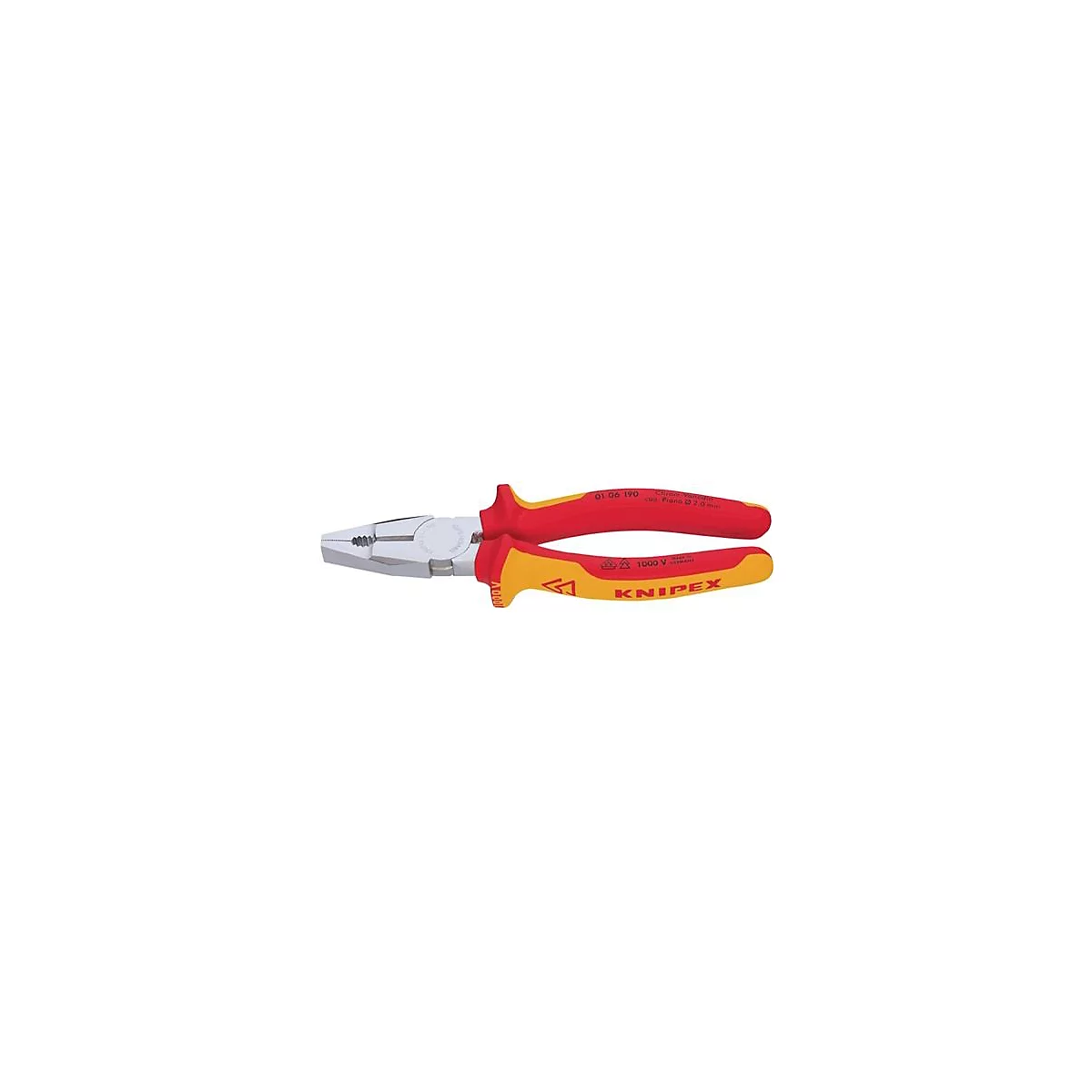 Tang met rood-gele handvatten en zilveren bekken. Opdruk: 1000V.