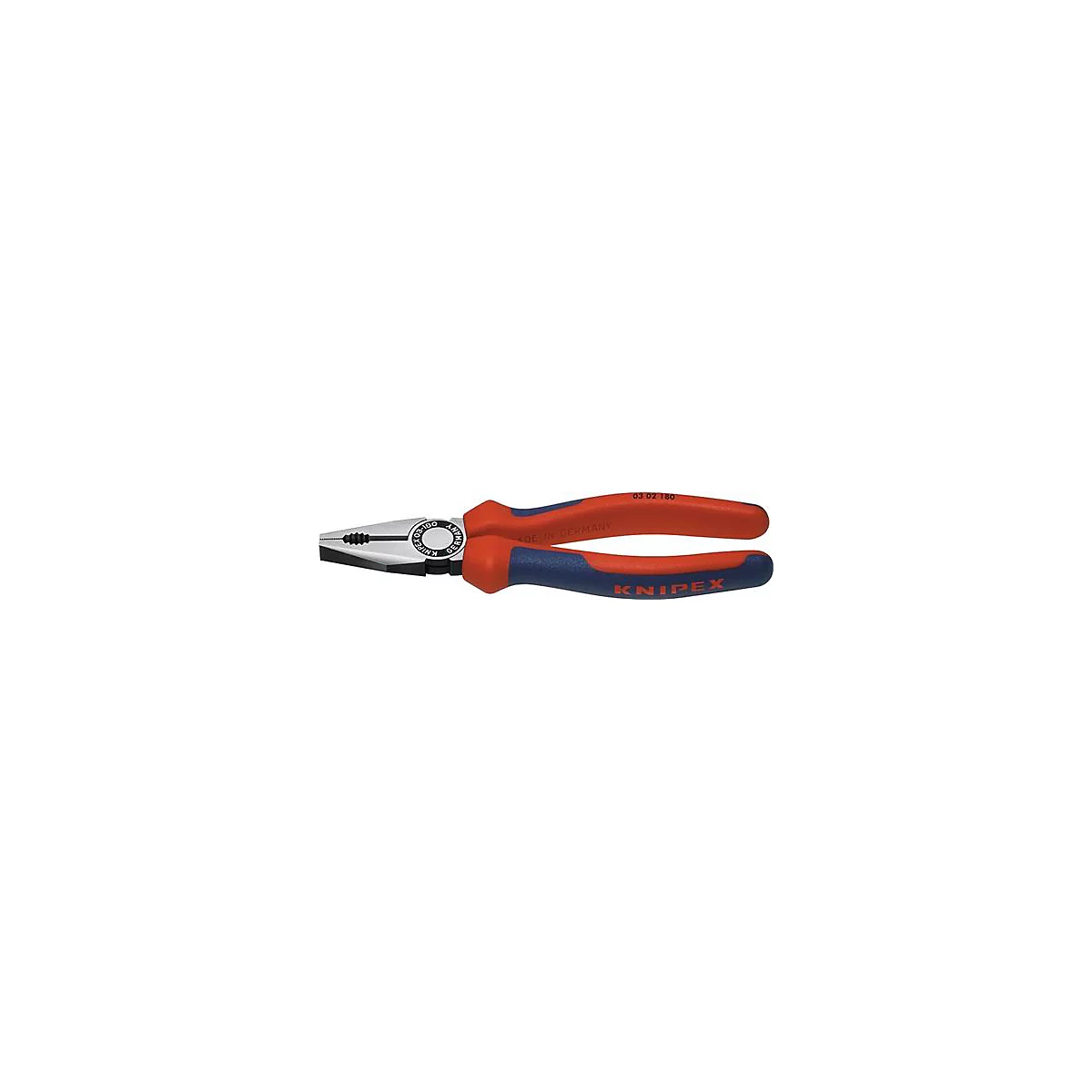 Knipex tang met rode en blauwe handgrepen en zilveren bekken. Made in Germany.