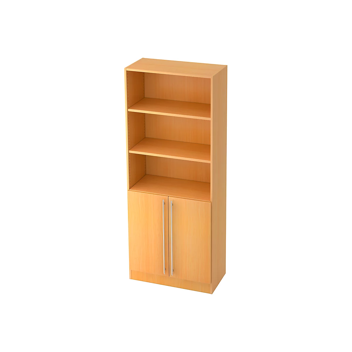 Light brown bookcase with three shelves and cabinet doors with two handles.