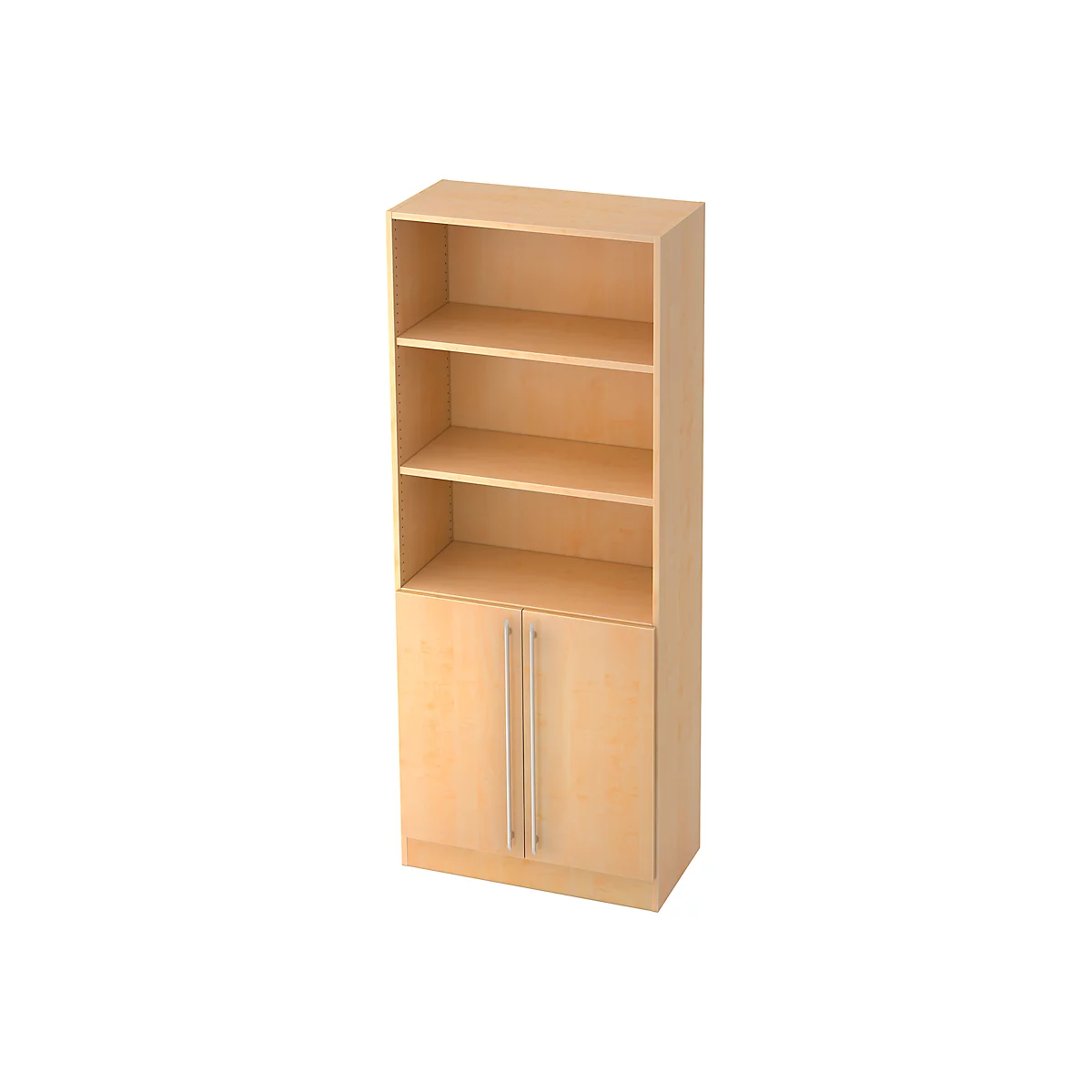 Beige bookcase with three open shelves and a cabinet with two doors.