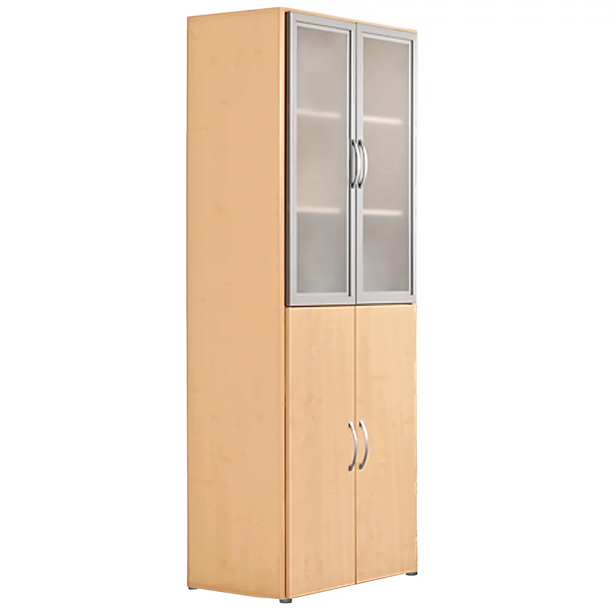 Tall cabinet, two-door. Glass inserts on top, doors with handles at the bottom.
