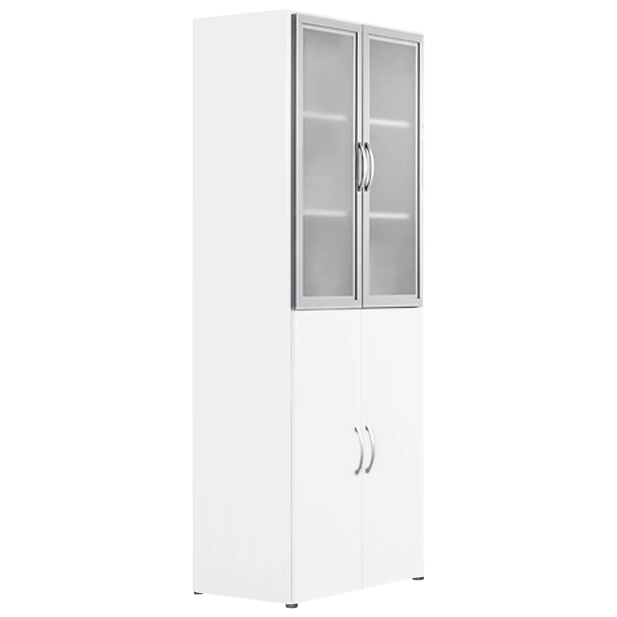 Tall white cabinet with glass cabinet doors at the top and opaque doors below. Silver handles.