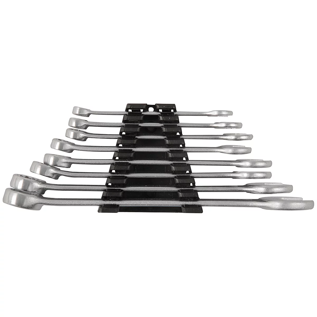 A set of wrenches arranged in a black holder. The metal wrenches are in various sizes.