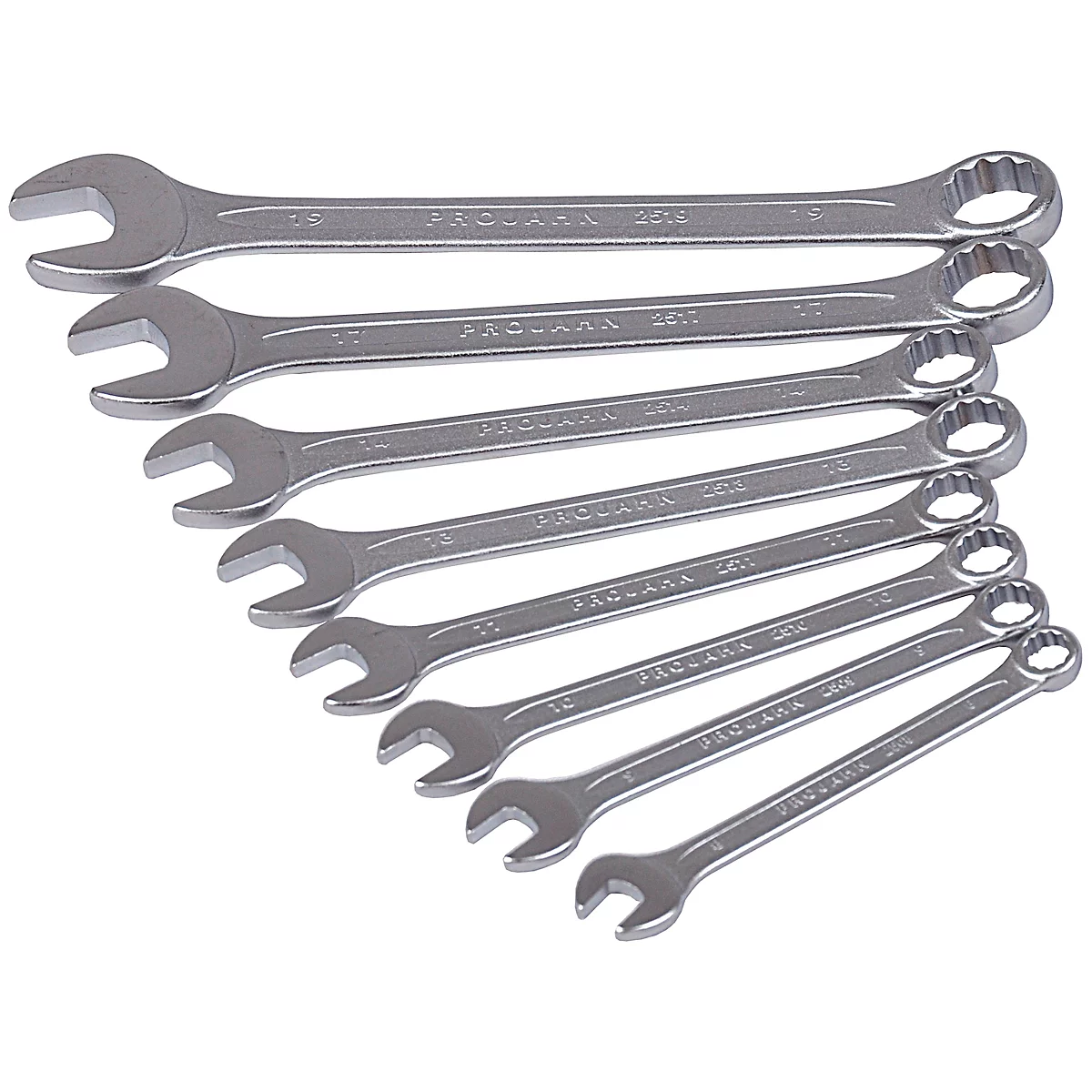 Seven silver wrenches of varying sizes are fanned out next to each other. The brand name is on each wrench.