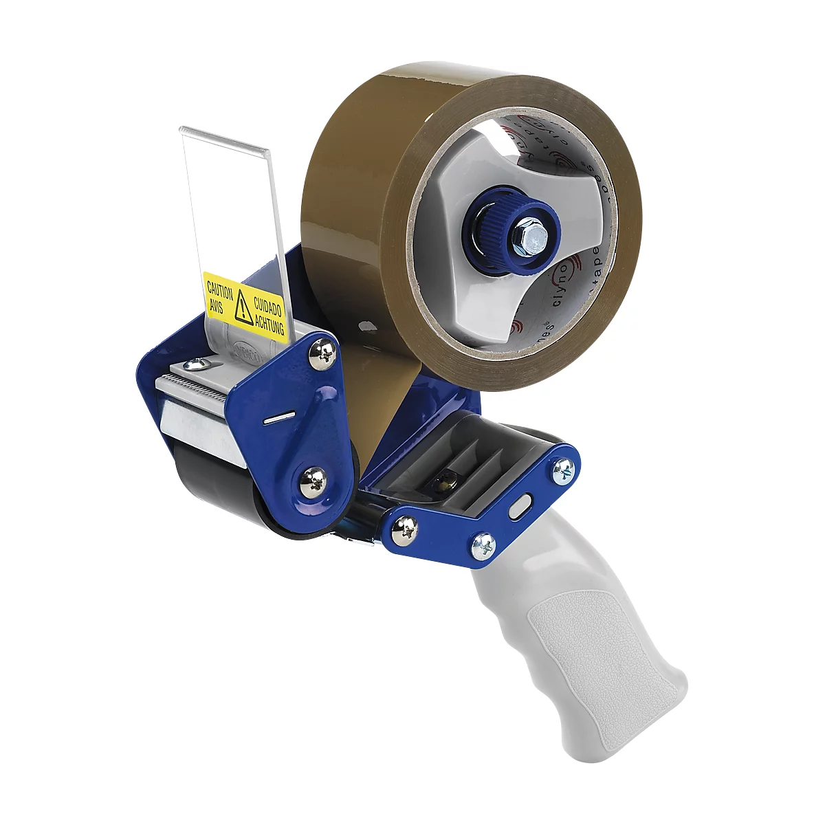 Tape dispenser with brown tape. Blue holder, white handle. Yellow warning sign.