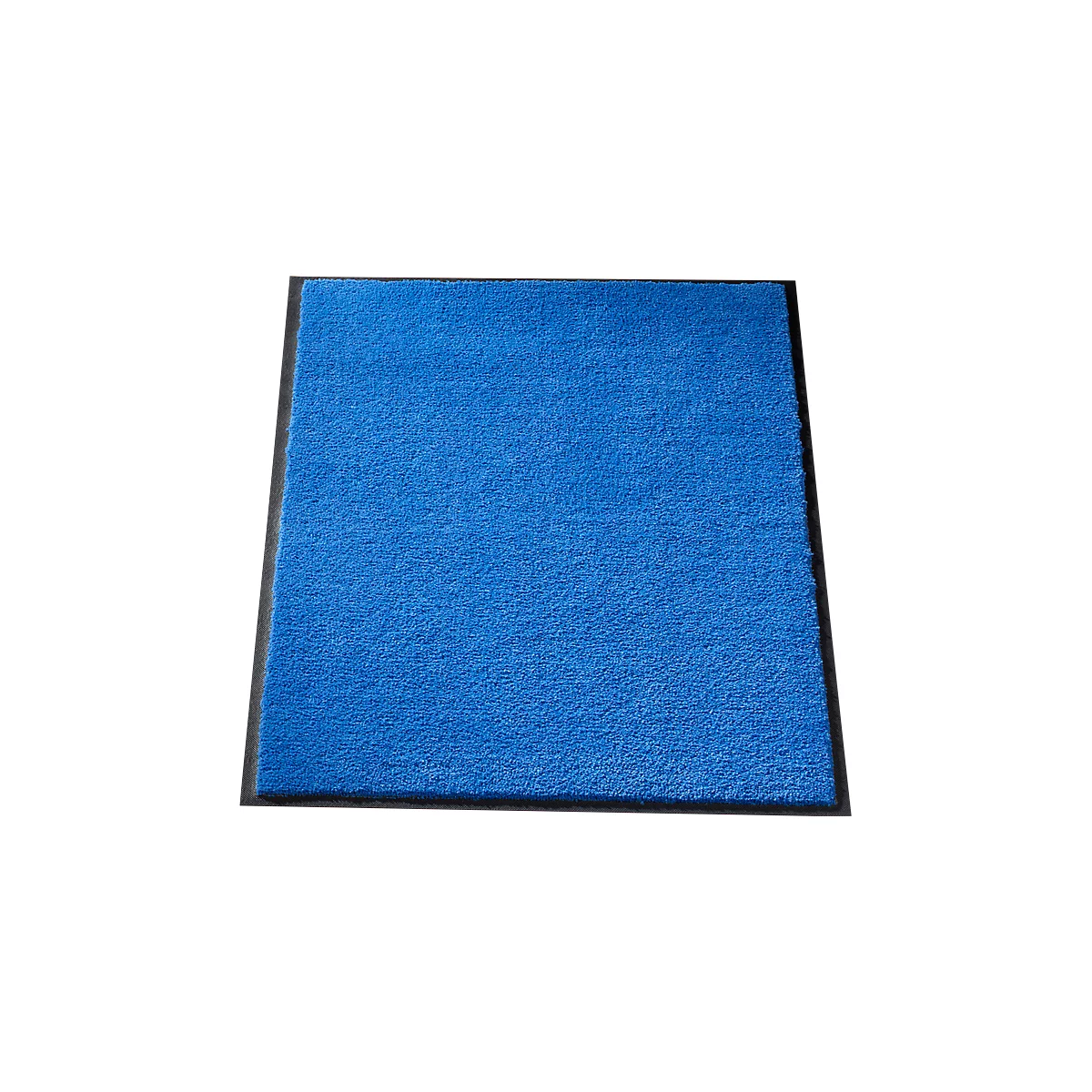 Blue doormat with black border, square.