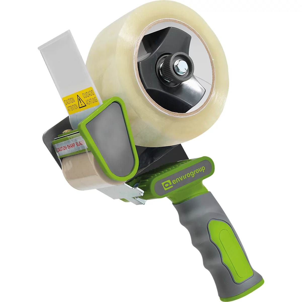 Tape dispenser with green and grey accents. Yellow caution sign on the roll. Envirogroup logo.