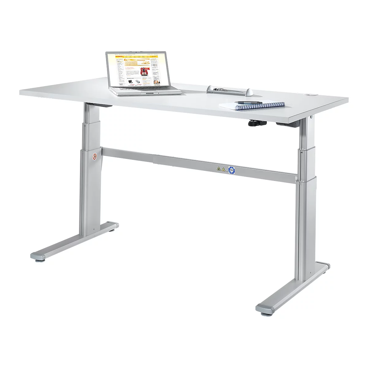 Comfortabele tafel, elektrisch in hoogte verstelbaar, rechthoekig, C-poot, B 1600 x D 800 x H 655-1305 mm, aluminium lichtgrijs/wit RAL 9006
