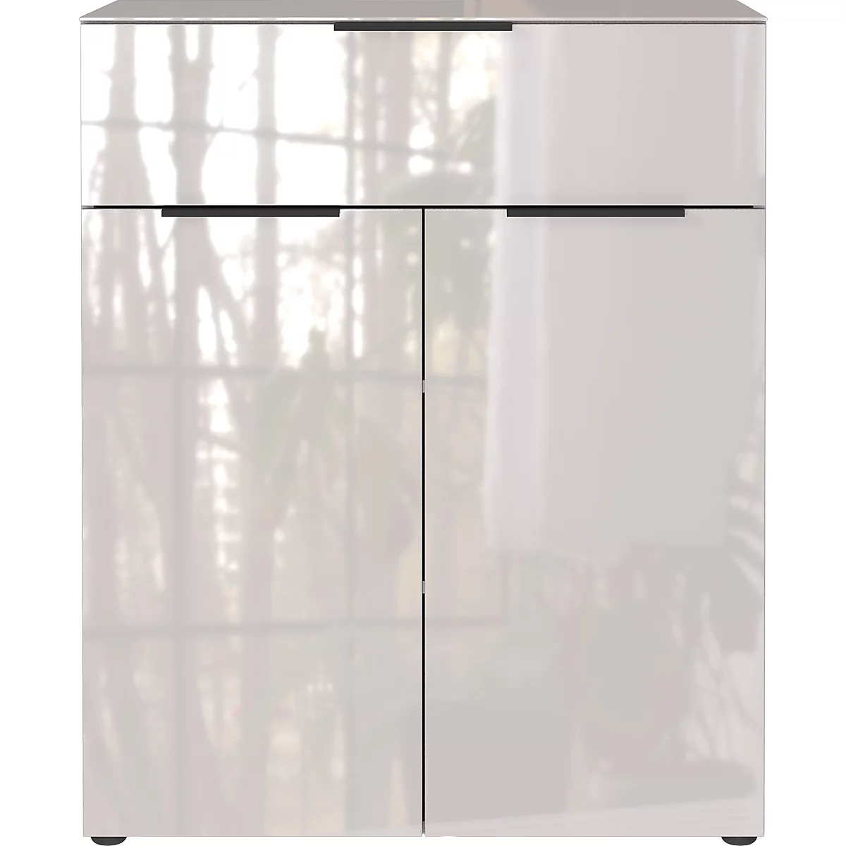 Armoire blanche avec surface brillante, deux portes et un tiroir. Poignées noires.
