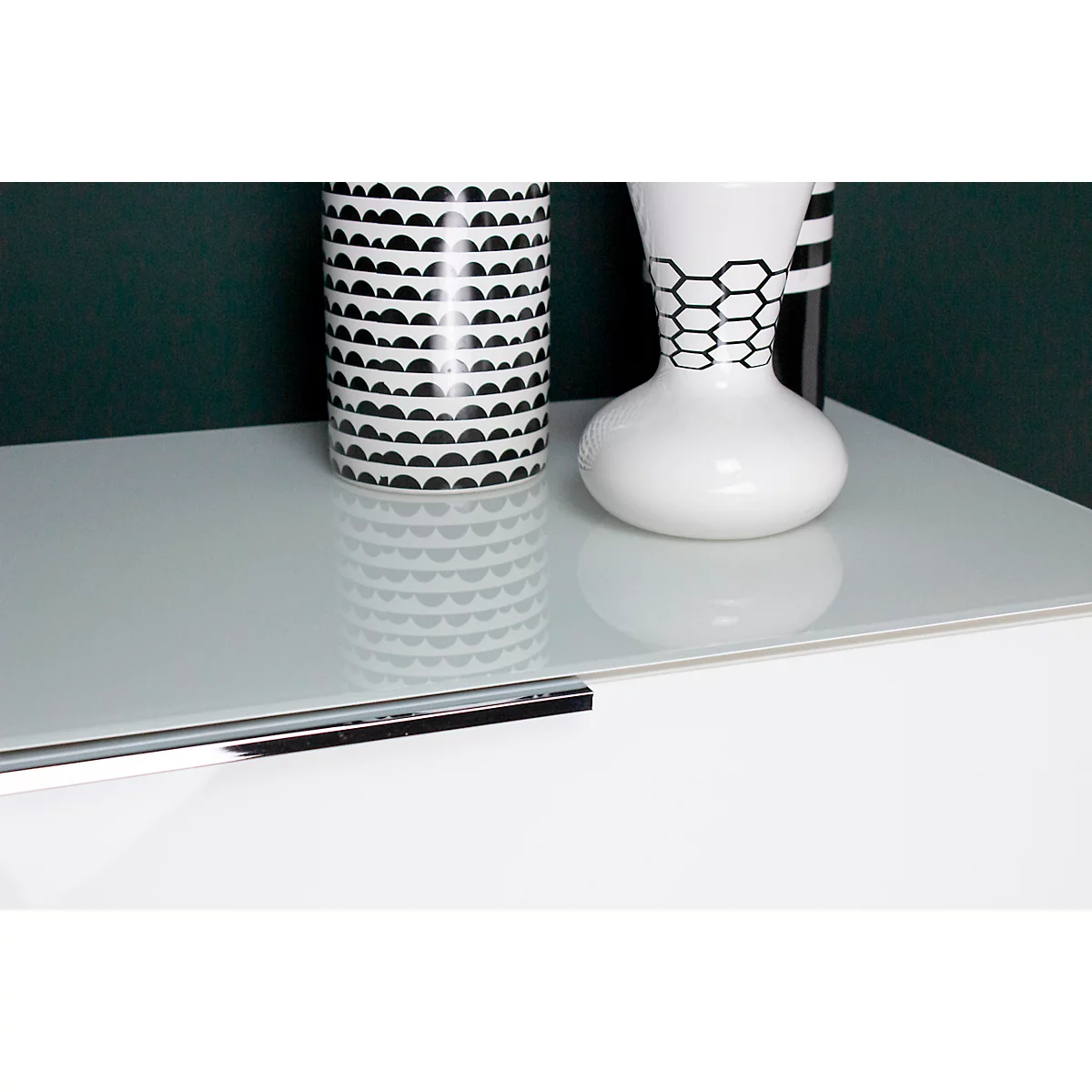 Commode, avec 4 tiroirs, façade et dessus en verre, L 830 x P 420 x H 1020 mm, blanc