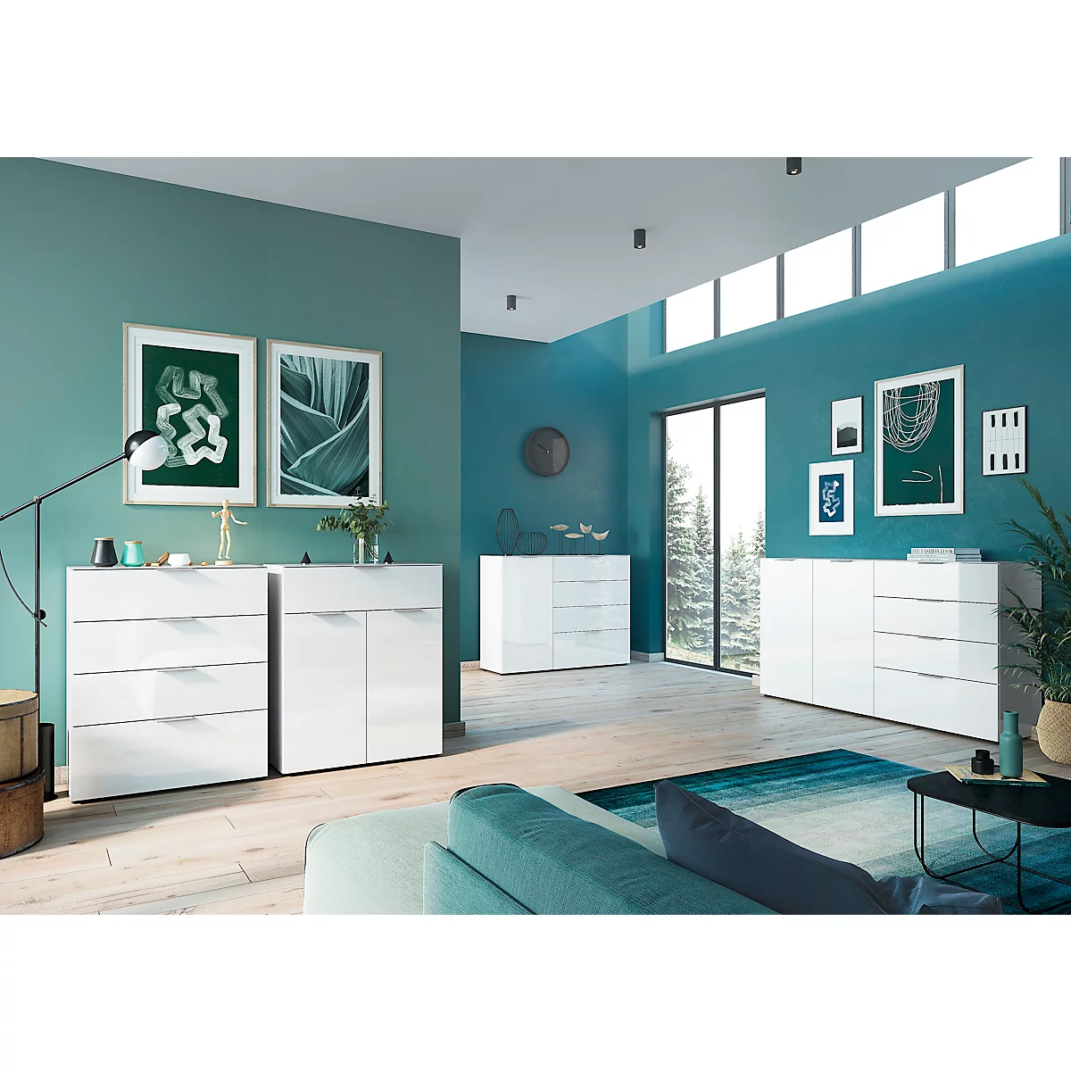 Commode, avec 4 tiroirs, façade et dessus en verre, L 830 x P 420 x H 1020 mm, blanc