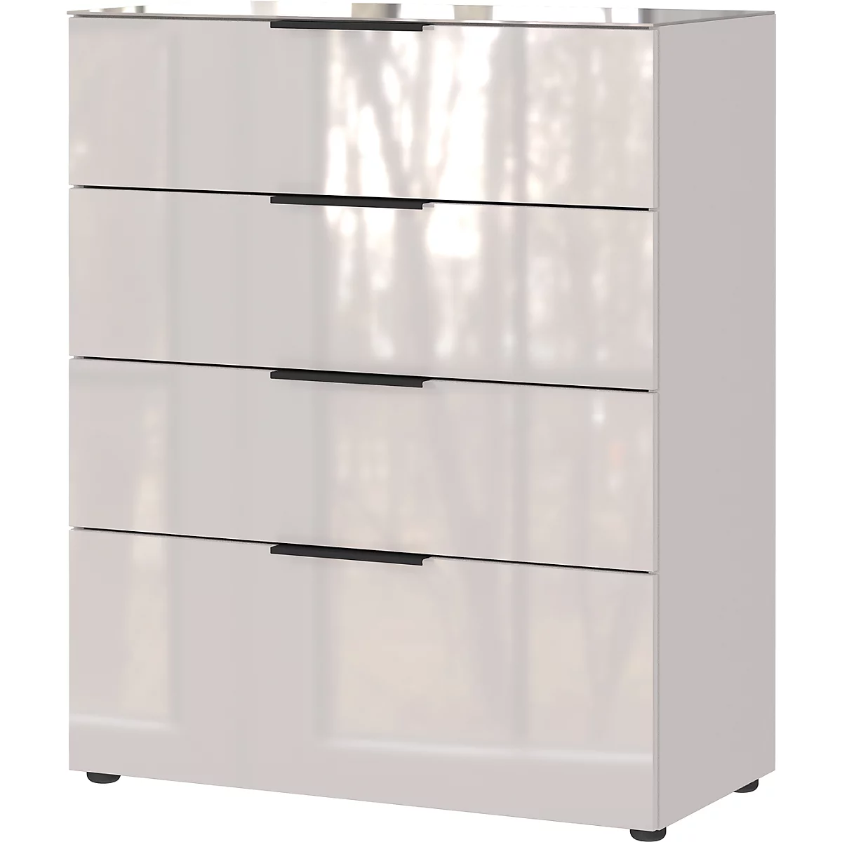 Armoire blanche et brillante avec quatre tiroirs, poignées noires et petits pieds.