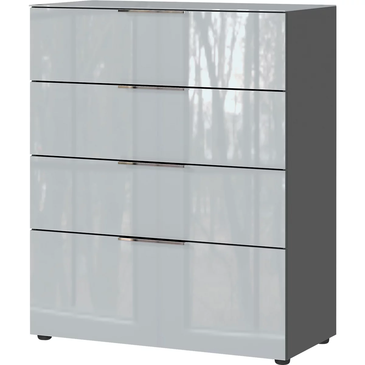 Commode, avec 4 tiroirs, façade et dessus en verre, L 830 x P 420 x H 1020 mm, graphite/gris argenté