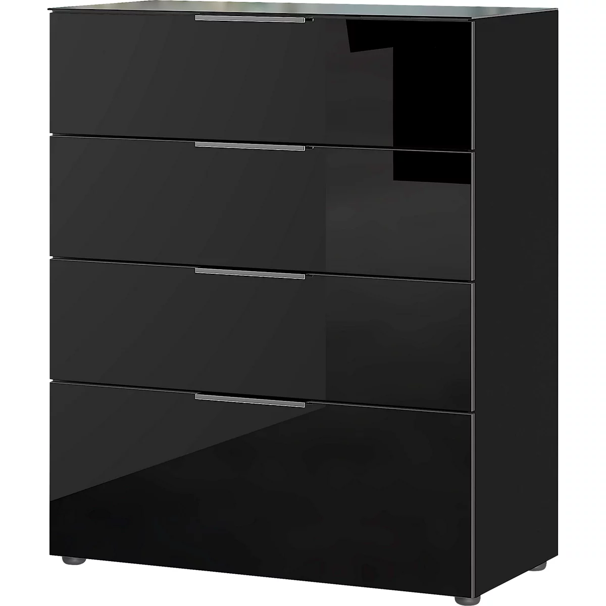 Commode, avec 4 tiroirs, façade et dessus en verre, L 830 x P 420 x H 1020 mm, noir