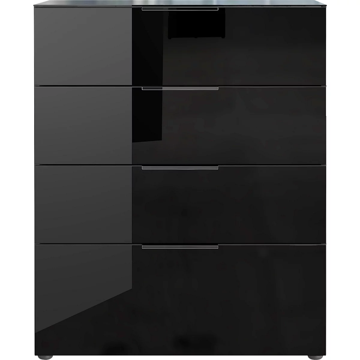 Commode, avec 4 tiroirs, façade et dessus en verre, L 830 x P 420 x H 1020 mm, noir