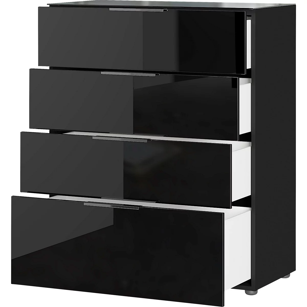 Commode, avec 4 tiroirs, façade et dessus en verre, L 830 x P 420 x H 1020 mm, noir