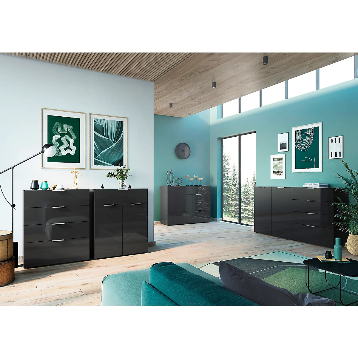 Commode, avec 4 tiroirs, façade et dessus en verre, L 830 x P 420 x H 1020 mm, noir