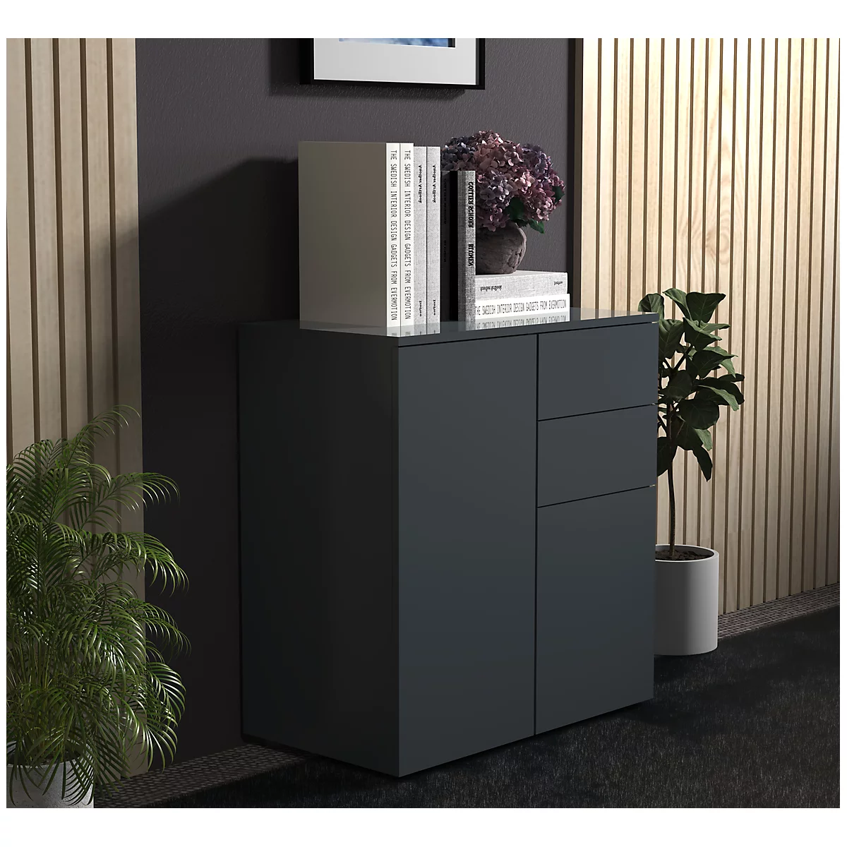 Commode Dalosa, 4 compartiments &amp; 2 tiroirs, porte, L 700 x P 390 x H 770 mm, bois, anthracite