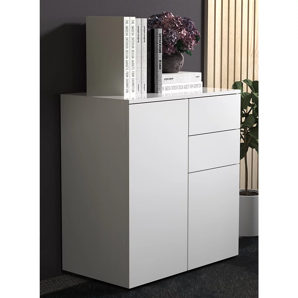 Commode Dalosa, 4 compartiments &amp; 2 tiroirs, porte, L 700 x P 390 x H 770 mm, bois, blanc