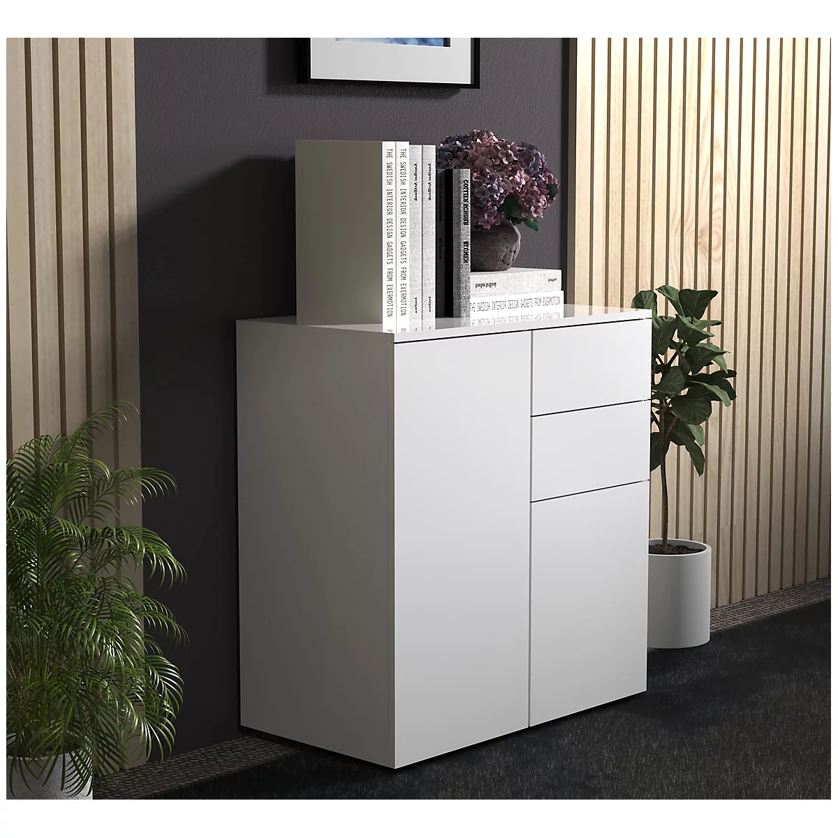 Commode Dalosa, 4 compartiments &amp; 2 tiroirs, porte, L 700 x P 390 x H 770 mm, bois, blanc