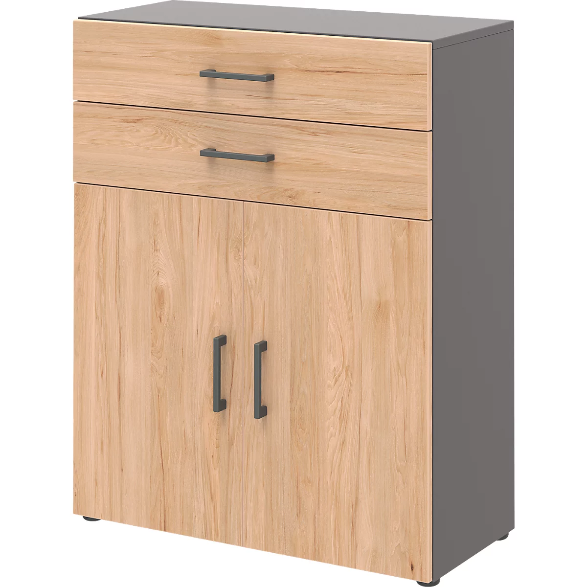 Commode de bureau TEMPIO, en bois, 2 portes, 2 tiroirs, 3 OH, L 800 x P 340 x H 1070 mm, anthracite/chêne caryer