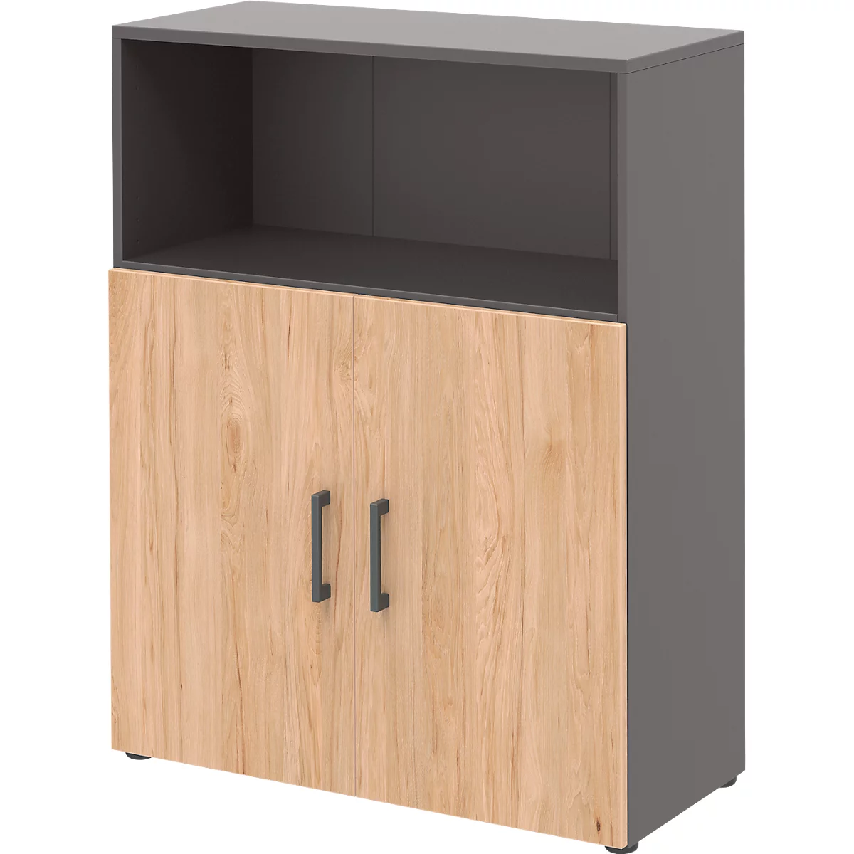 Commode de bureau TEMPIO, en bois, 2 portes, 2 tiroirs, 3 OH, L 800 x P 340 x H 1070 mm, anthracite/chêne caryer