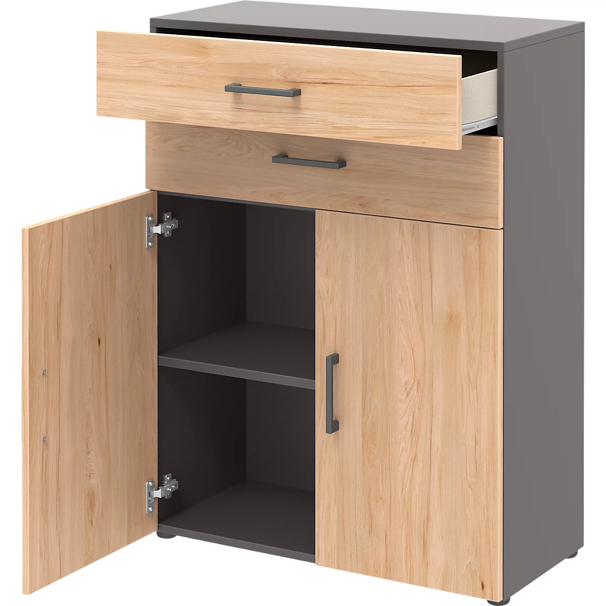 Commode de bureau TEMPIO, en bois, 2 portes, 2 tiroirs, 3 OH, L 800 x P 340 x H 1070 mm, anthracite/chêne caryer