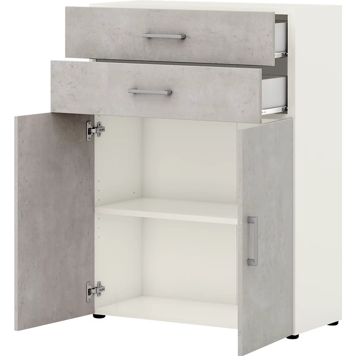 Commode de bureau TEMPIO, en bois, 2 portes, 2 tiroirs, 3 OH, L 800 x P 340 x H 1070 mm, blanc/béton