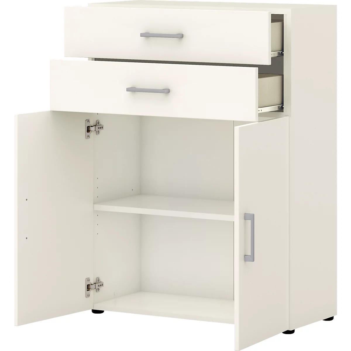Commode de bureau TEMPIO, en bois, 2 portes, 2 tiroirs, 3 OH, L 800 x P 340 x H 1070 mm, blanc/blanc