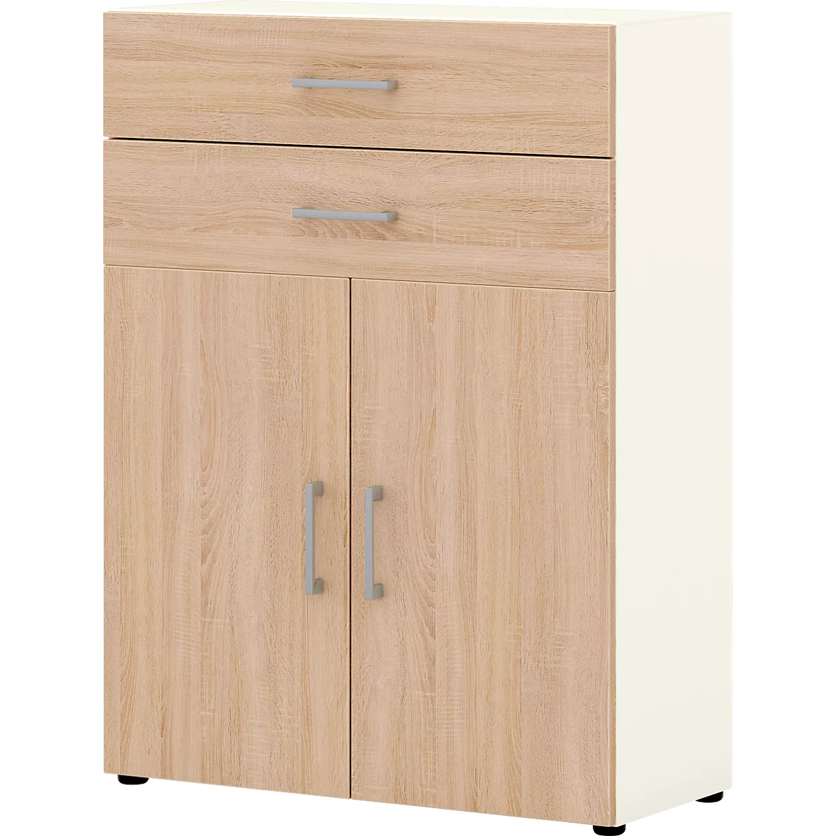 Commode de bureau TEMPIO, en bois, 2 portes, 2 tiroirs, 3 OH, L 800 x P 340 x H 1070 mm, blanc/chêne Sonoma