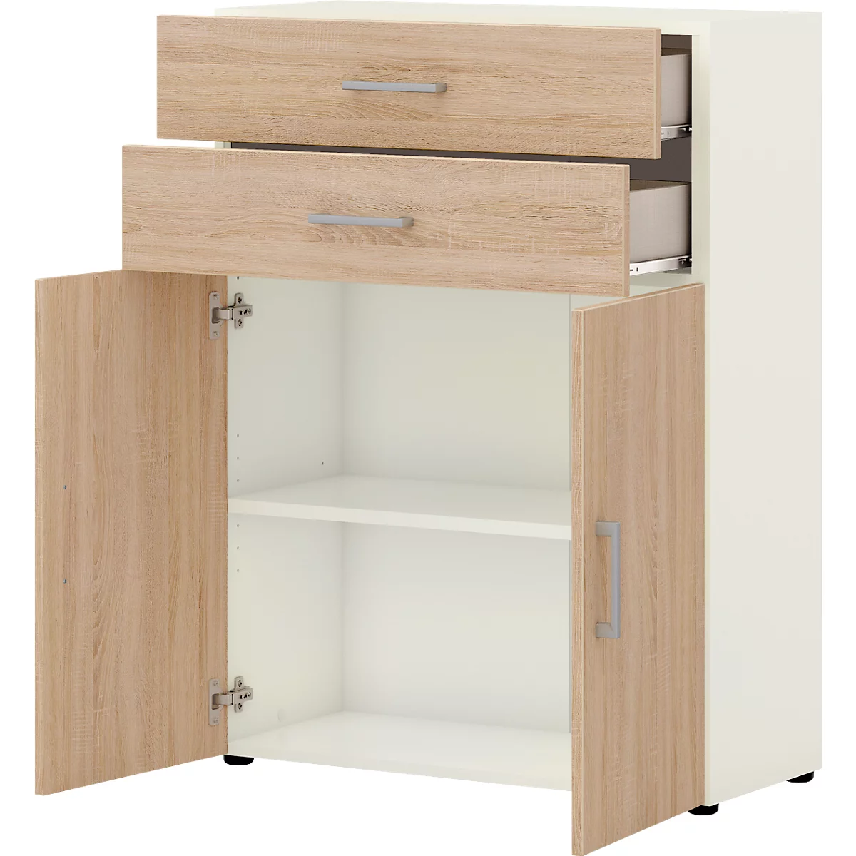 Commode de bureau TEMPIO, en bois, 2 portes, 2 tiroirs, 3 OH, L 800 x P 340 x H 1070 mm, blanc/chêne Sonoma